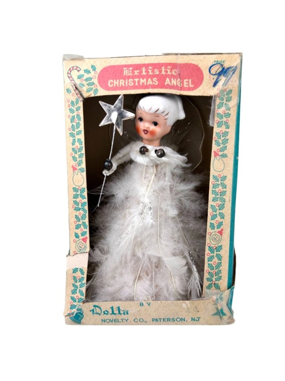 Japan Christmas Angel MCM Feather VTG Porcelain Head Delta Novelty Top 1950s